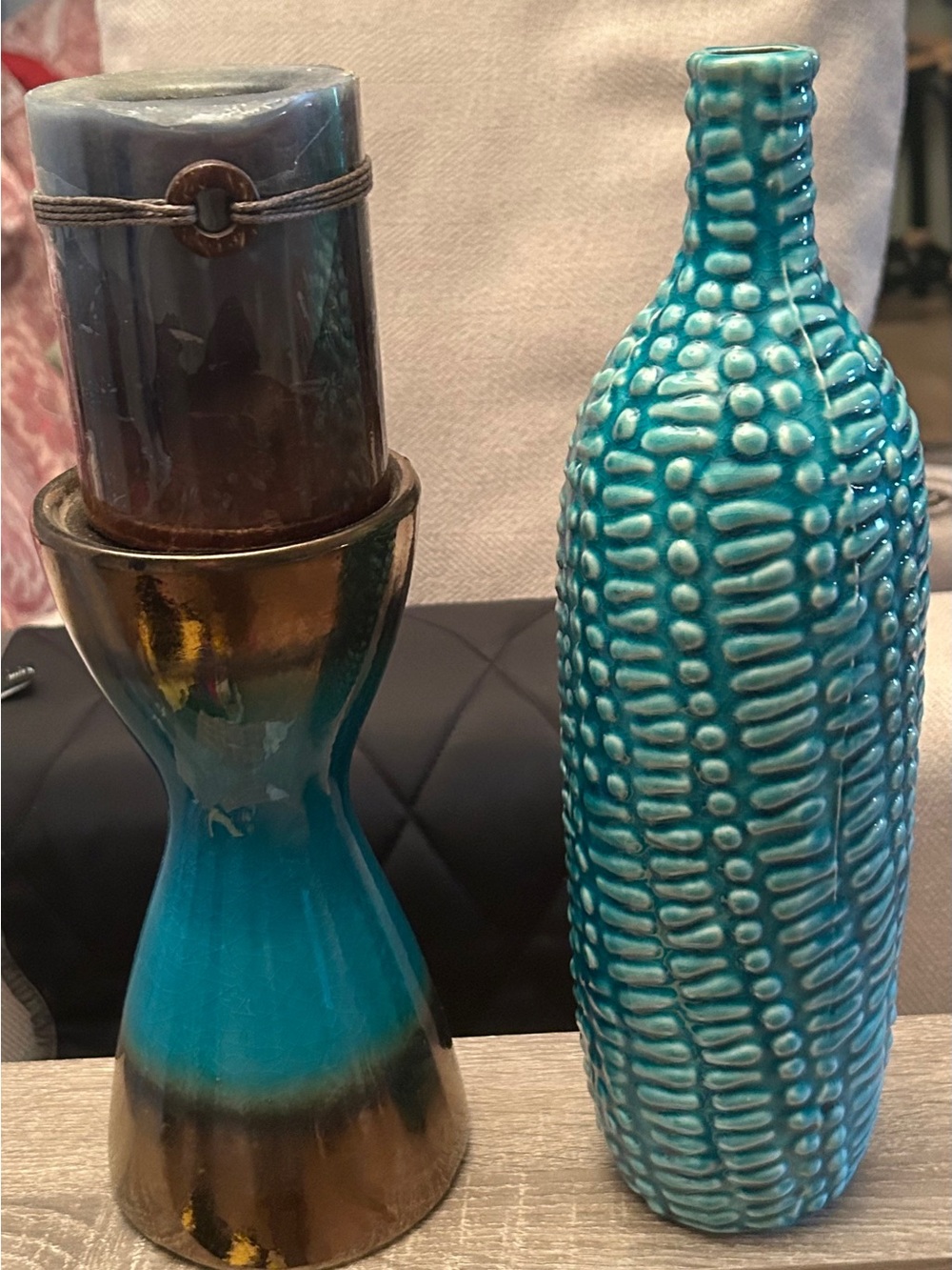 Turquoise Textured Ceramic Vase – Glossy Coastal Accent Candle Holder w/ Candle